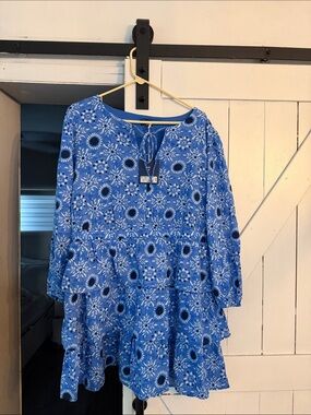 Roller Rabbit Blue Floral Tiered Tunic Dress Large